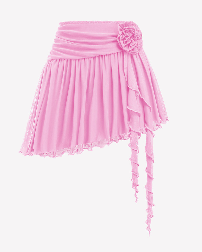 Pink mesh mini skirt with rosette flower waistband and layered asym hem with draped ties.