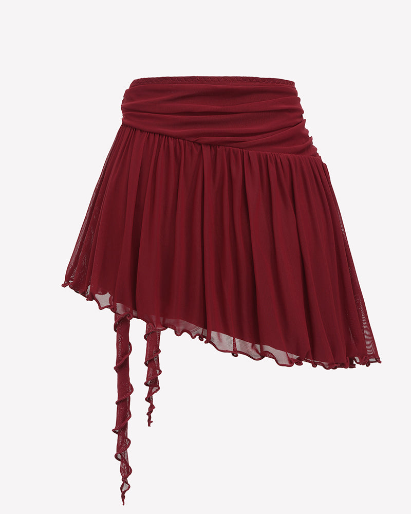 Wine red mesh mini skirt with pleated skirt panels and long dangling side ties