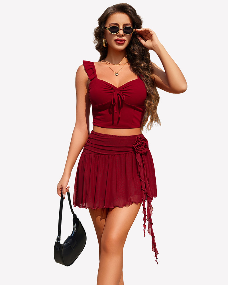 Wine red mesh mini skirt with ruched waist, layered hem and dangling side ties