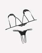 Black sequin-look lace bra and strappy thong set with scalloped trim and cutout cups.