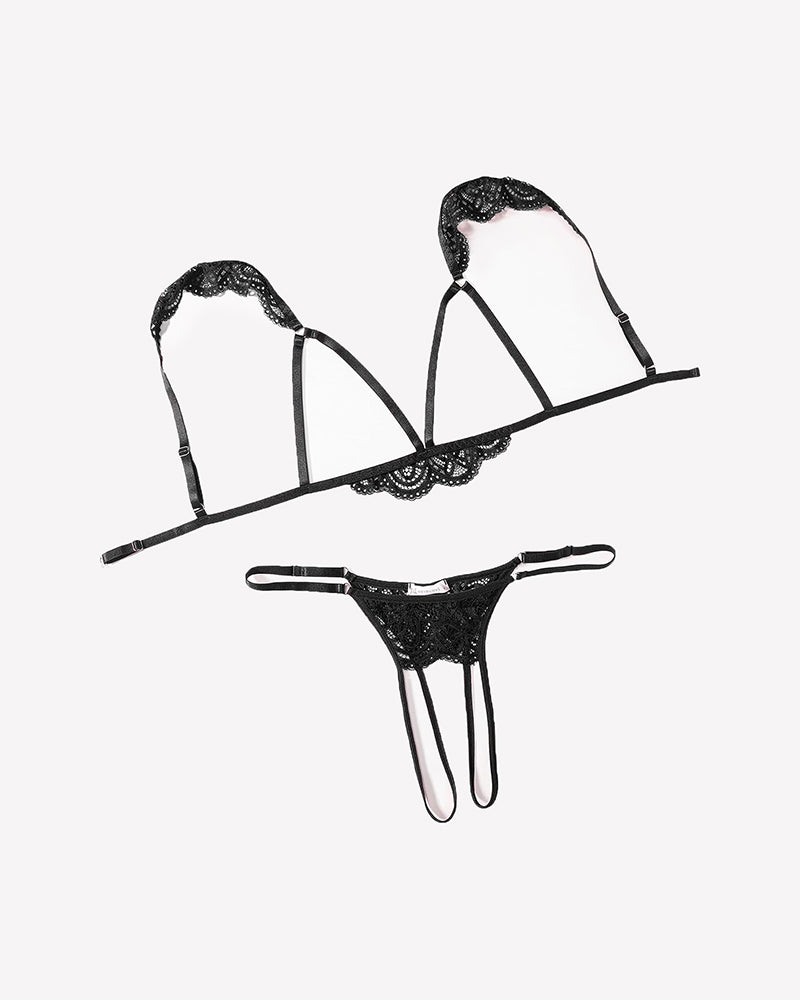 Black sequin-look lace bra and strappy thong set with scalloped trim and cutout cups.