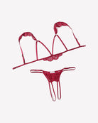 Wine red lace cutout bra and thong set with scalloped lace trim and adjustable straps.
