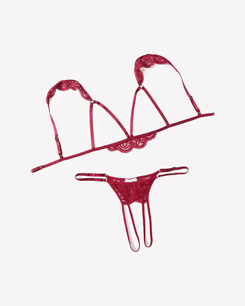 Wine red lace cutout bra and thong set with scalloped lace trim and adjustable straps.