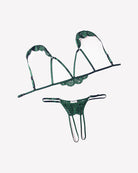 Lake green lace cutout bra and thong set with scalloped lace band and thin straps.