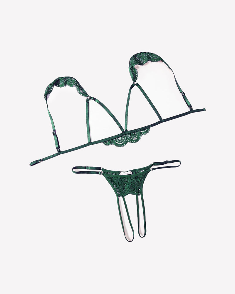Lake green lace cutout bra and thong set with scalloped lace band and thin straps.