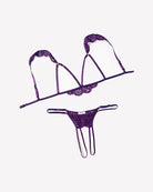 Dark purple lace cutout bra and thong set with scalloped lace band and slim straps.