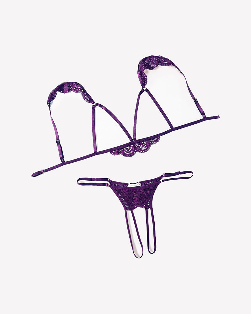 Dark purple lace cutout bra and thong set with scalloped lace band and slim straps.