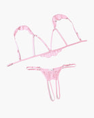 Pink lace cutout bra and thong set with scalloped trim and adjustable garter straps.
