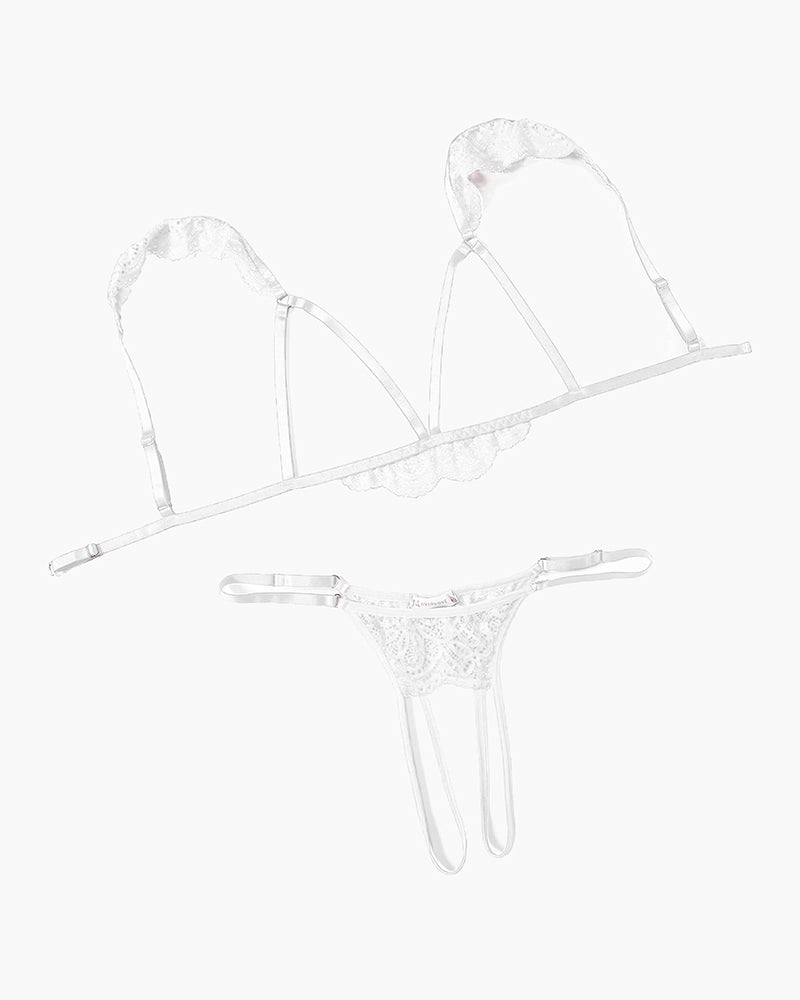 White lace cutout bra and thong set with scalloped trim and adjustable garter straps.