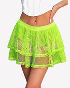 High-waist ruffle mesh skort mini skirt with built-in shorts, neon green layered tiers