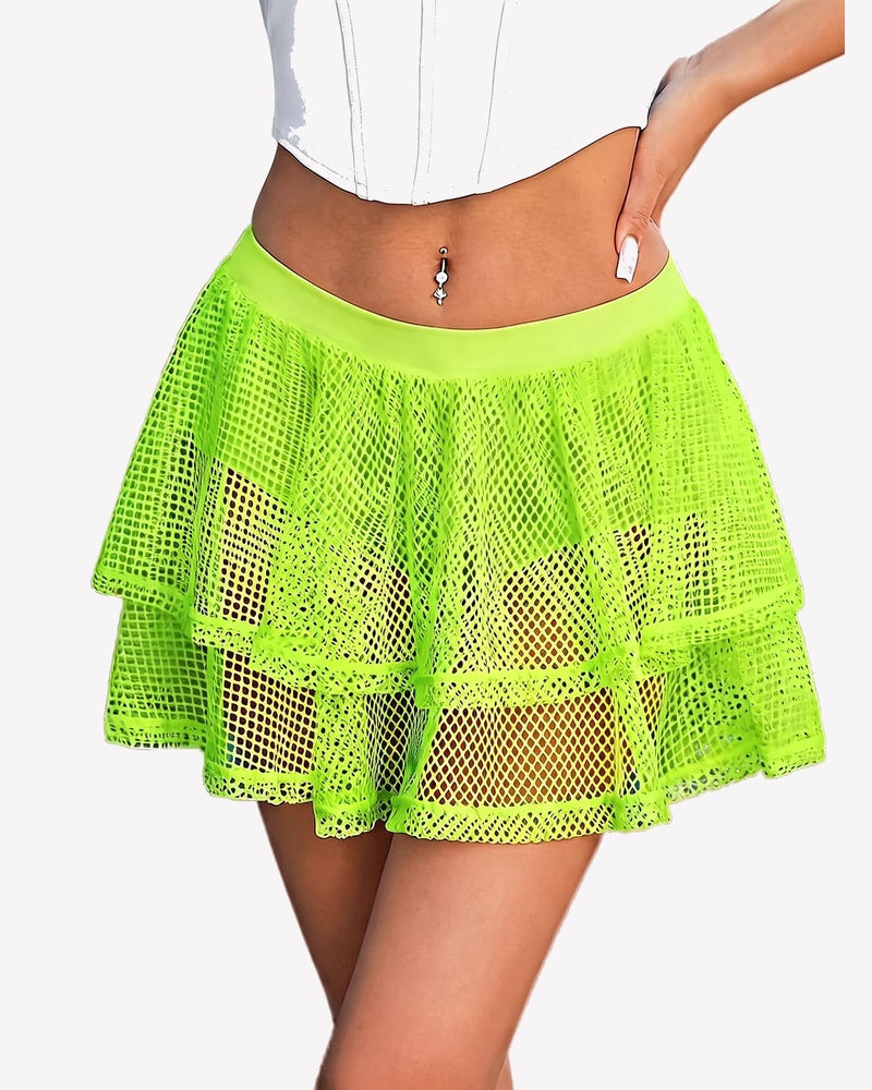 High-waist ruffle mesh skort mini skirt with built-in shorts, neon green layered tiers