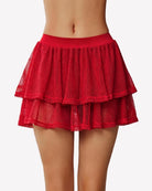 High-waist ruffle mesh skort mini skirt with built-in shorts, red layered tiers