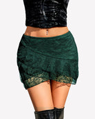 Green lace layered ruffle micro mini skirt with scalloped hem and sheer lace trim
