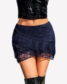 Navy lace layered ruffle micro mini skirt with scalloped hem and sheer lace panel