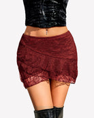 Burgundy lace layered ruffle micro mini skirt with scalloped hem and sheer lace panel