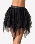 Layered black tulle mini skirt with puffy A-line ruffle layers and sheer hem