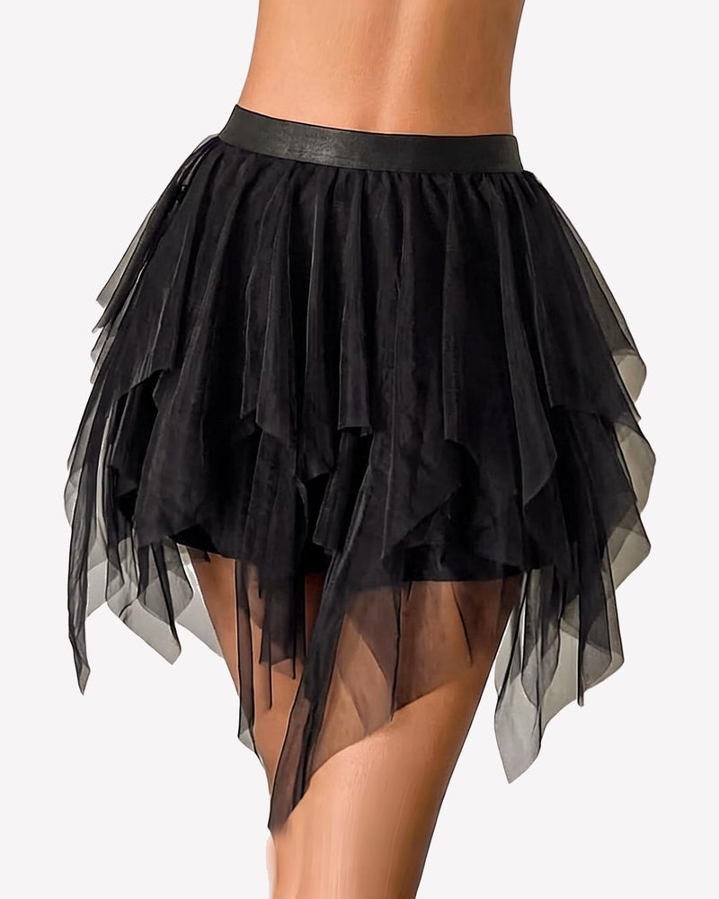 Layered black tulle mini skirt with puffy A-line ruffle layers and sheer hem