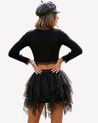 Black tulle mini skirt, layered A-line ruffles with sheer uneven hem