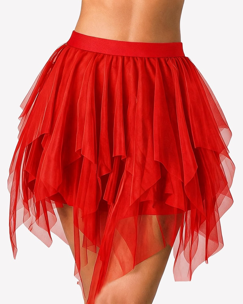 Layered red tulle mini skirt with puffy A-line ruffle layers and sheer uneven hem