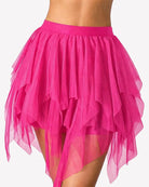 Layered pink tulle mini skirt with puffy A-line ruffle tiers and sheer uneven hem