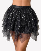 Black sequin tulle mini skirt with starry sparkle texture and layered sheer hem