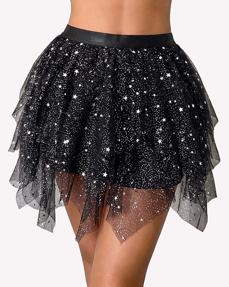 Black sequin tulle mini skirt with starry sparkle texture and layered sheer hem