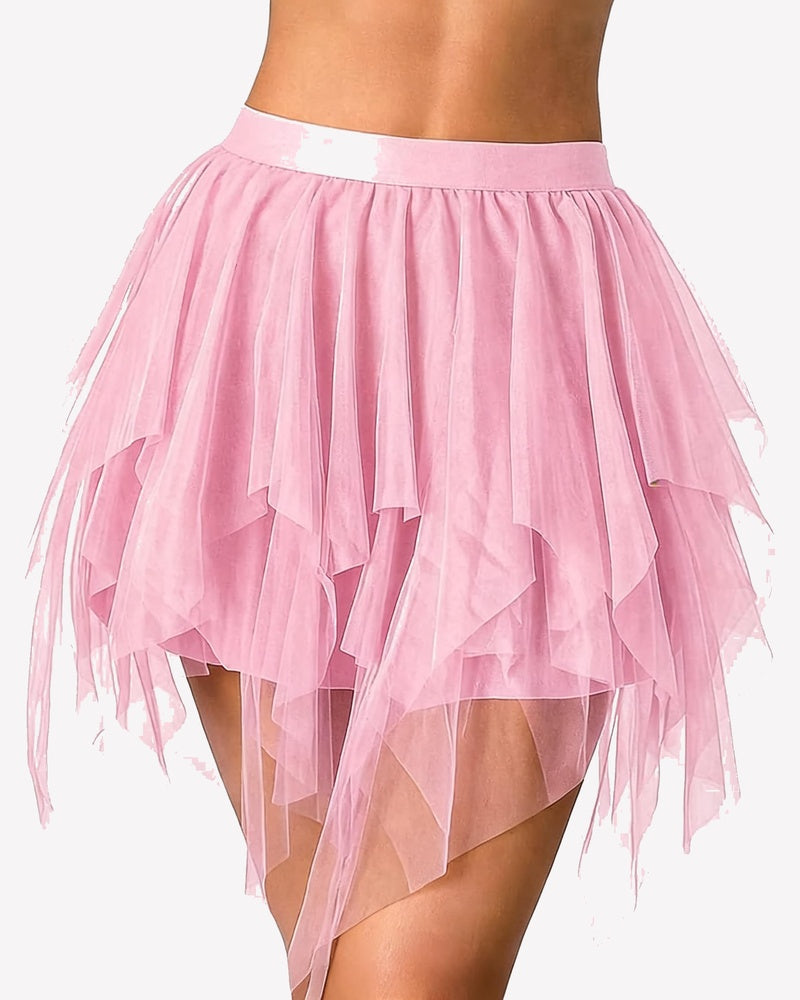 Light pink tulle mini skirt with layered puffy ruffles and sheer uneven hem