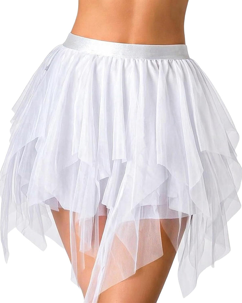 White tulle mini skirt with layered A-line ruffle tiers and sheer uneven hem