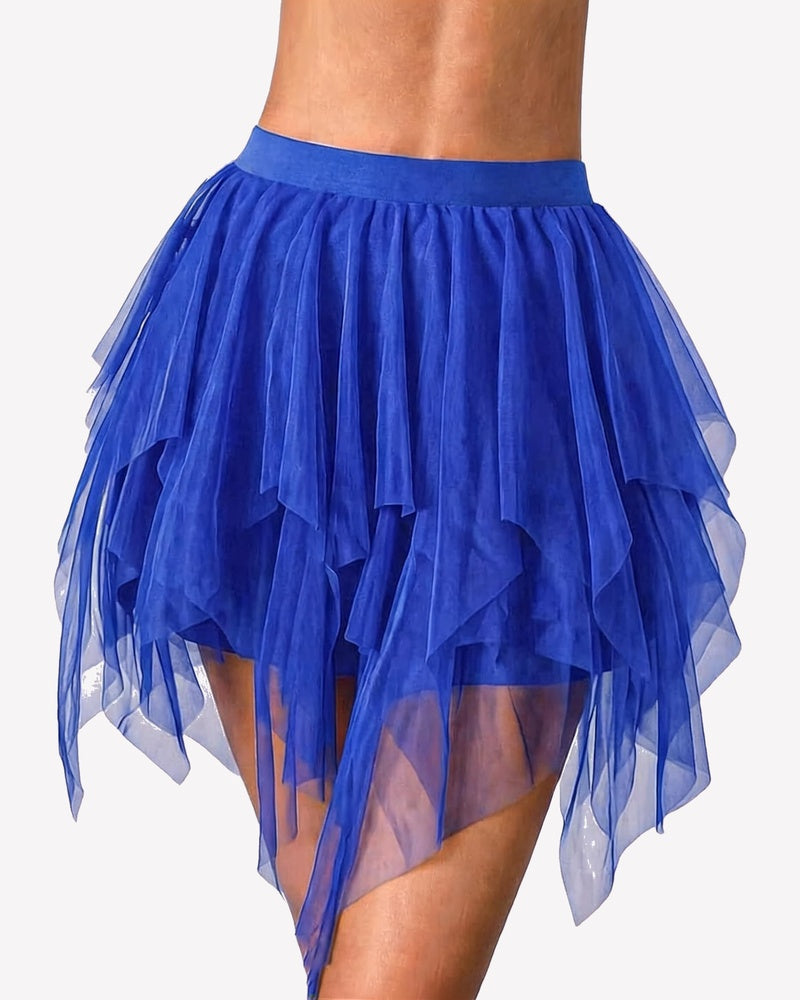 Blue tulle mini skirt with layered A-line ruffle tiers and sheer uneven hem