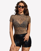 Sheer mesh top short sleeves with leopard print pattern and high neckline
