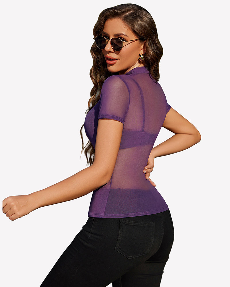 Sheer mesh top short sleeves in purple, side view