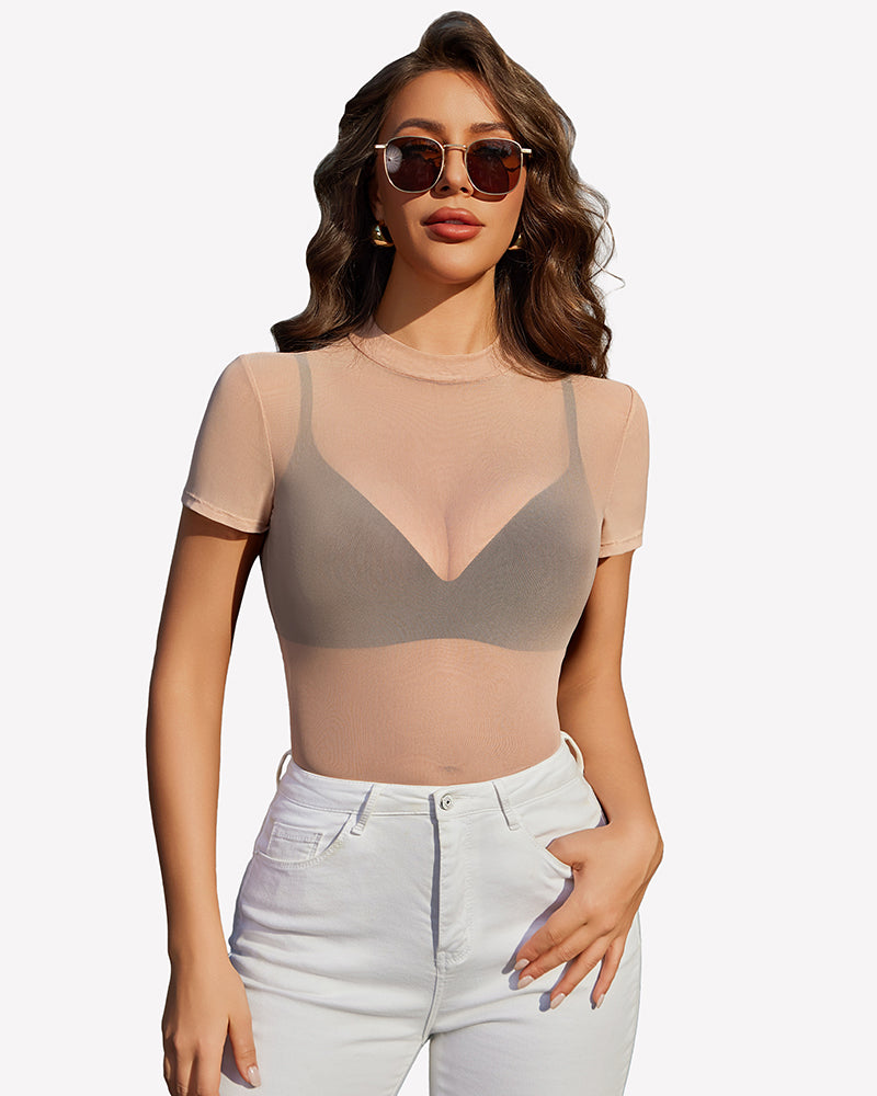 Light tan sheer mesh top with short sleeves, V-shaped center, round neck