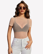 Light tan sheer mesh top with short sleeves, V-shaped center, round neck