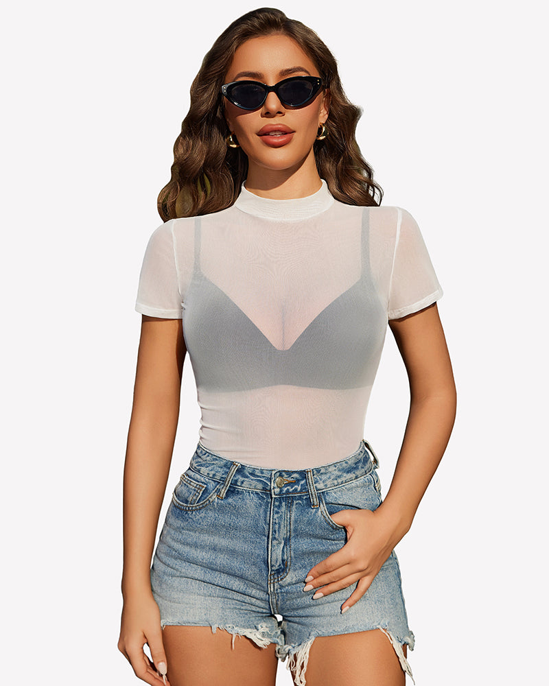 White sheer mesh top with short sleeves and V-shaped center panel