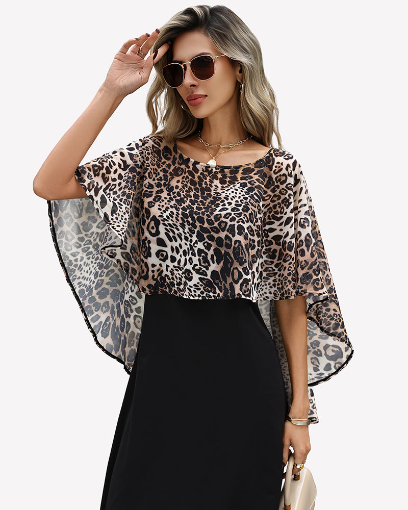 Leopard chiffon cape shawl with flowing cape back over a black dress