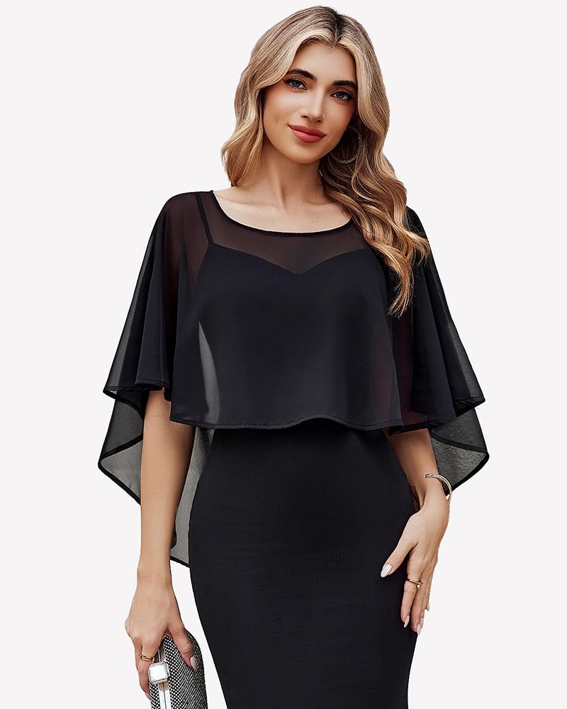 Black chiffon cape shawl with draped flutter sleeves over a black dress