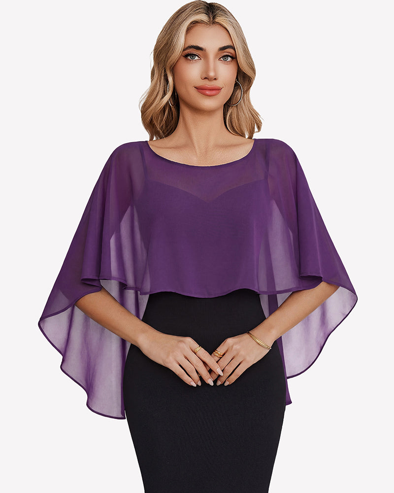 Purple chiffon cape shawl with loose flutter sleeves over a black dress