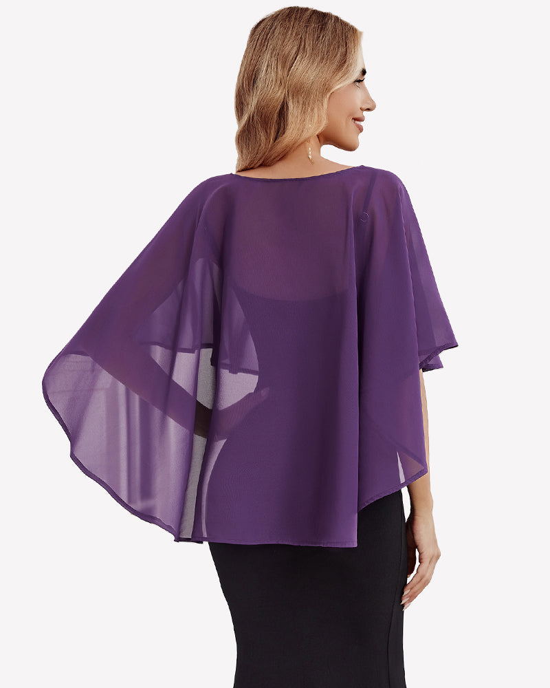 Chiffon cape shawl cover-up, purple sheer overlay with wide flutter sleeves