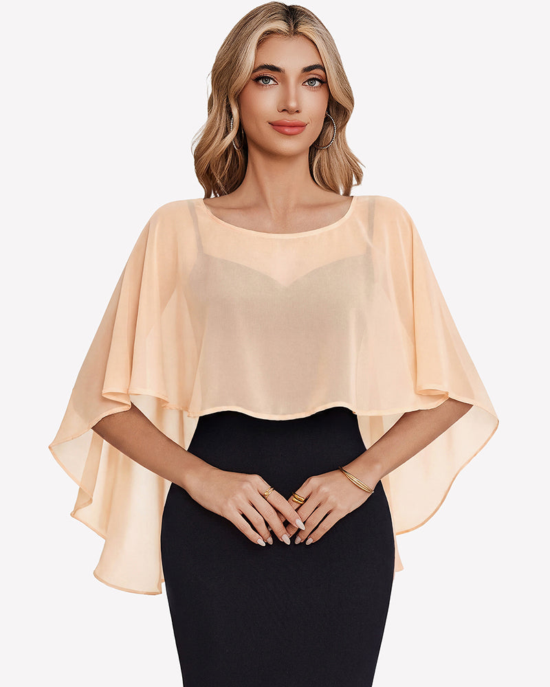 Chiffon cape shawl cover-up, light champagne sheer cape with draped arm openings