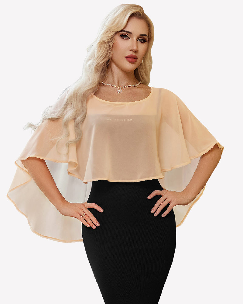 Chiffon cape shawl cover-up, champagne sheer drape with short flutter sleeves