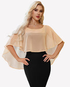 Chiffon cape shawl cover-up, champagne sheer drape with short flutter sleeves