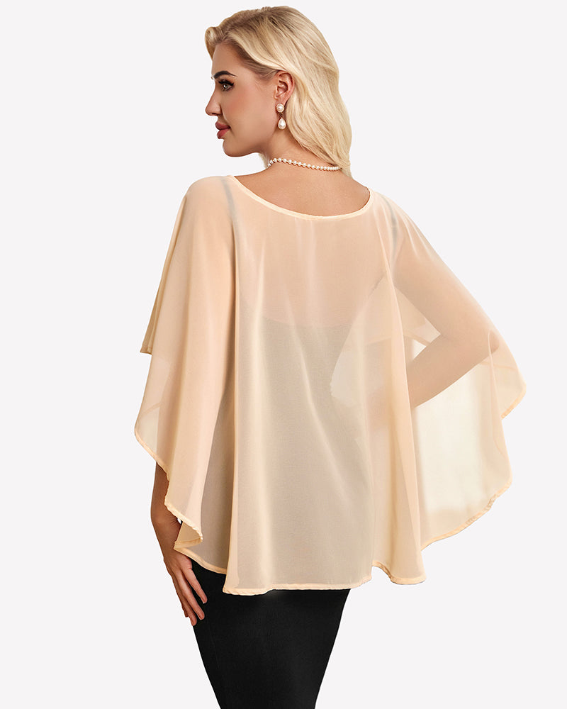 Chiffon cape shawl cover-up, champagne sheer cape with flowy back drape
