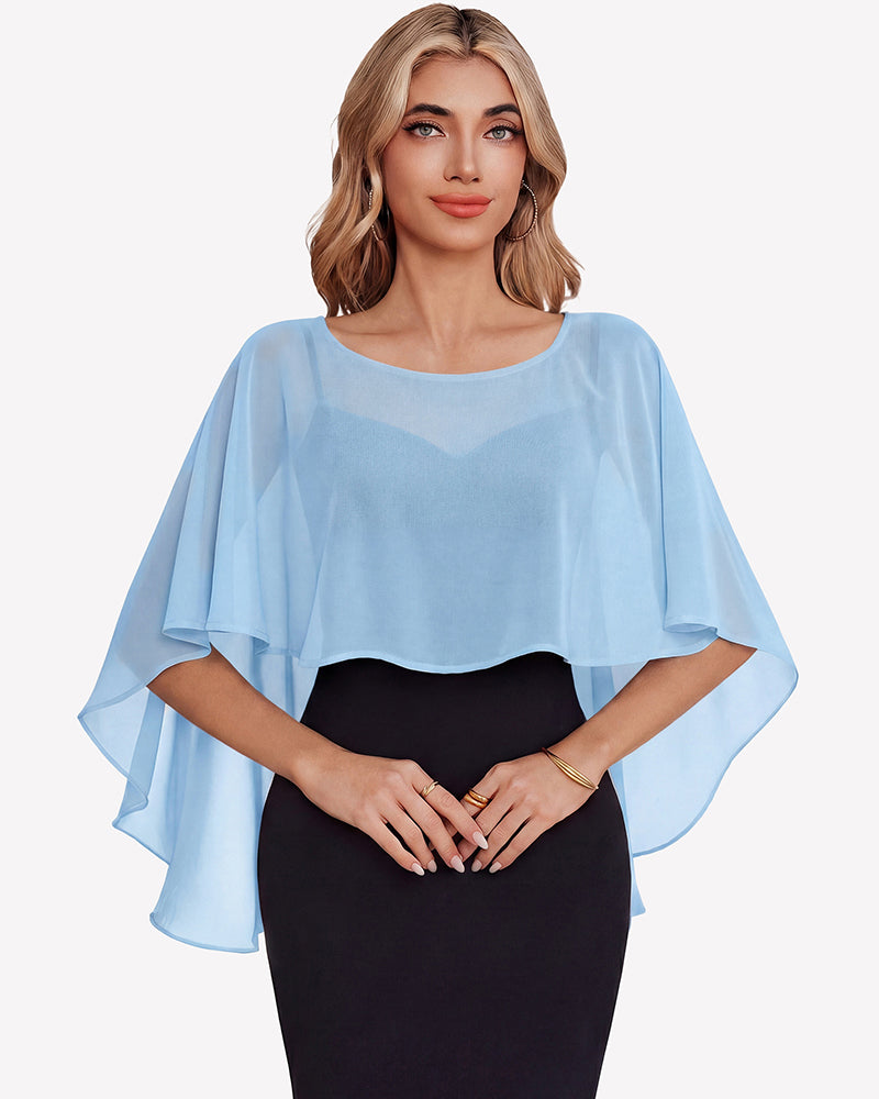 Light blue chiffon cape shawl with loose flutter sleeves over a black dress