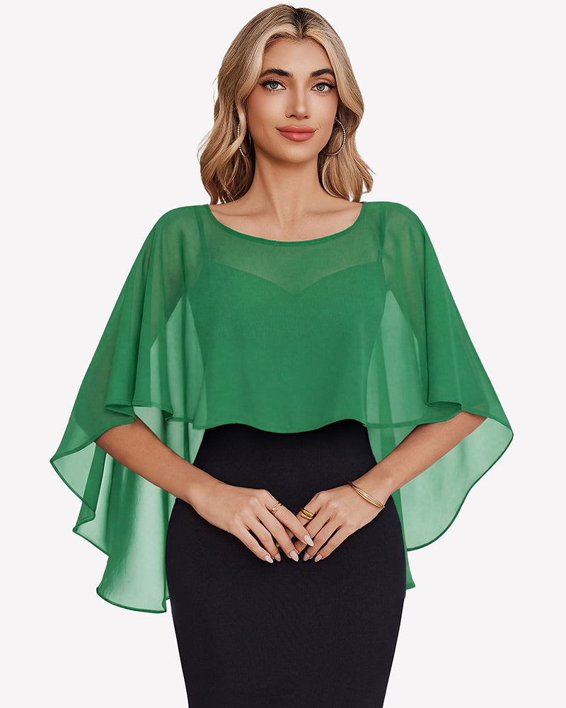 Green chiffon cape shawl with loose flutter sleeves over a black dress