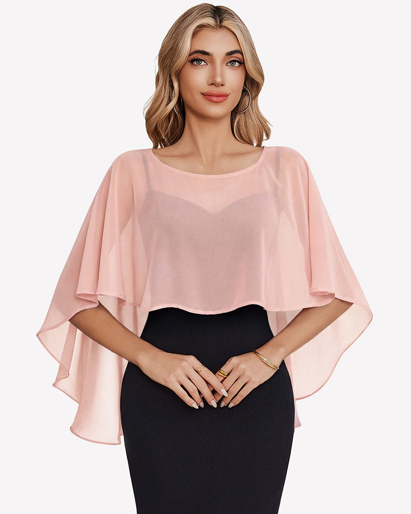 Chiffon cape shawl cover-up, blush pink sheer cape with loose flutter sleeves