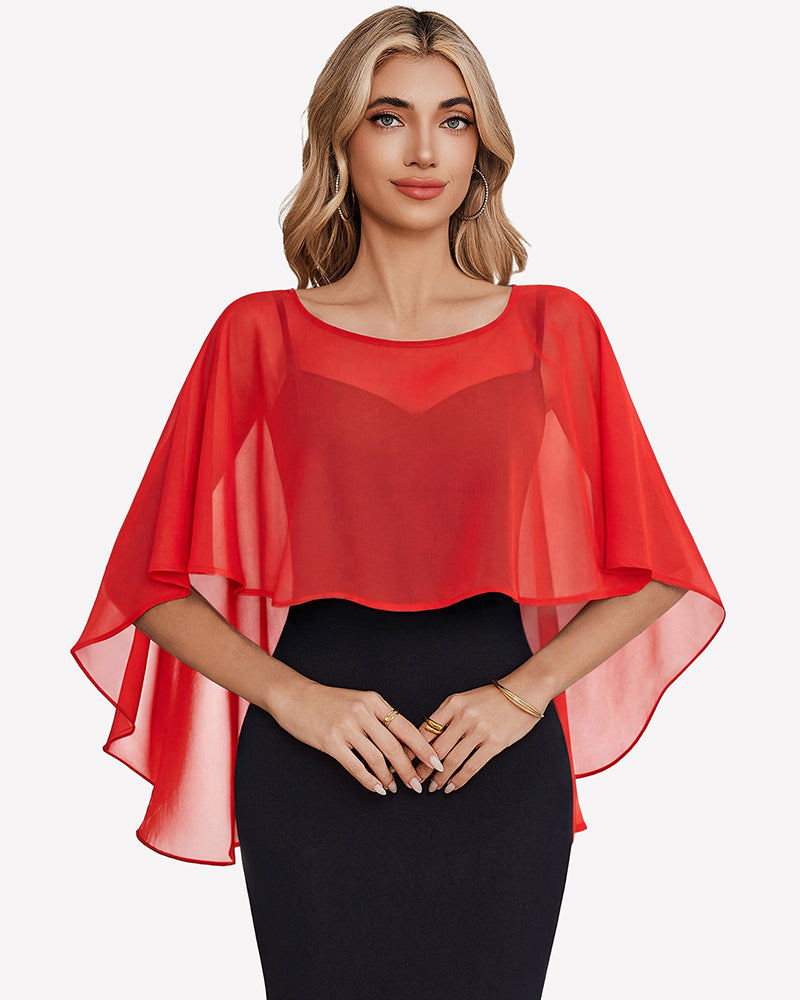 Chiffon cape shawl cover-up, red sheer cape with draped flutter sleeves