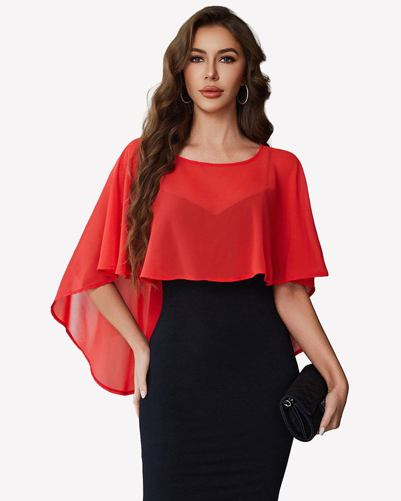 Chiffon cape shawl cover-up, red sheer cape with layered flutter sleeve drape