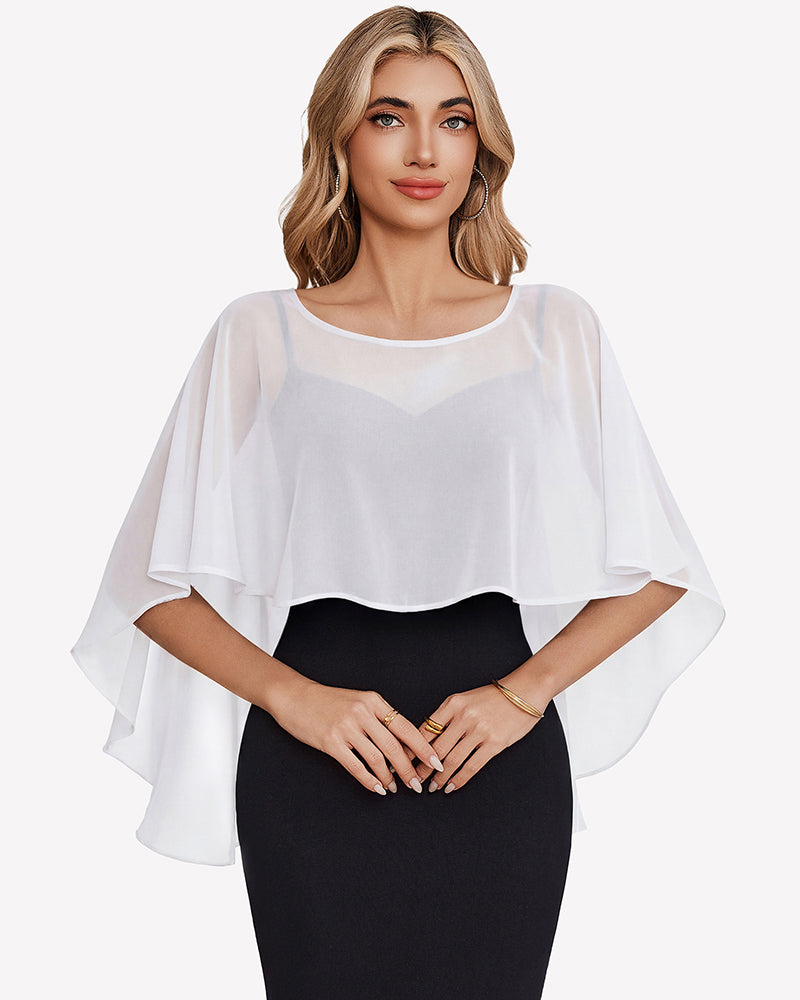 White chiffon cape shawl with draped sleeves over black evening dress