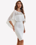 White chiffon cape shawl with draped sleeves over white evening dress