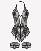Black lace deep V teddy bodysuit with crossed strap detail and matching garters